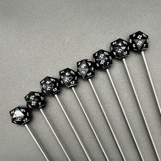Close up of Black D20 tips with silver numbers