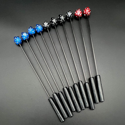 Multiple D20 diabolical sticks - 4 are blue tips with silver numbers, 4 are black tips with silver numbers, and 2 are red tips with white numbers
