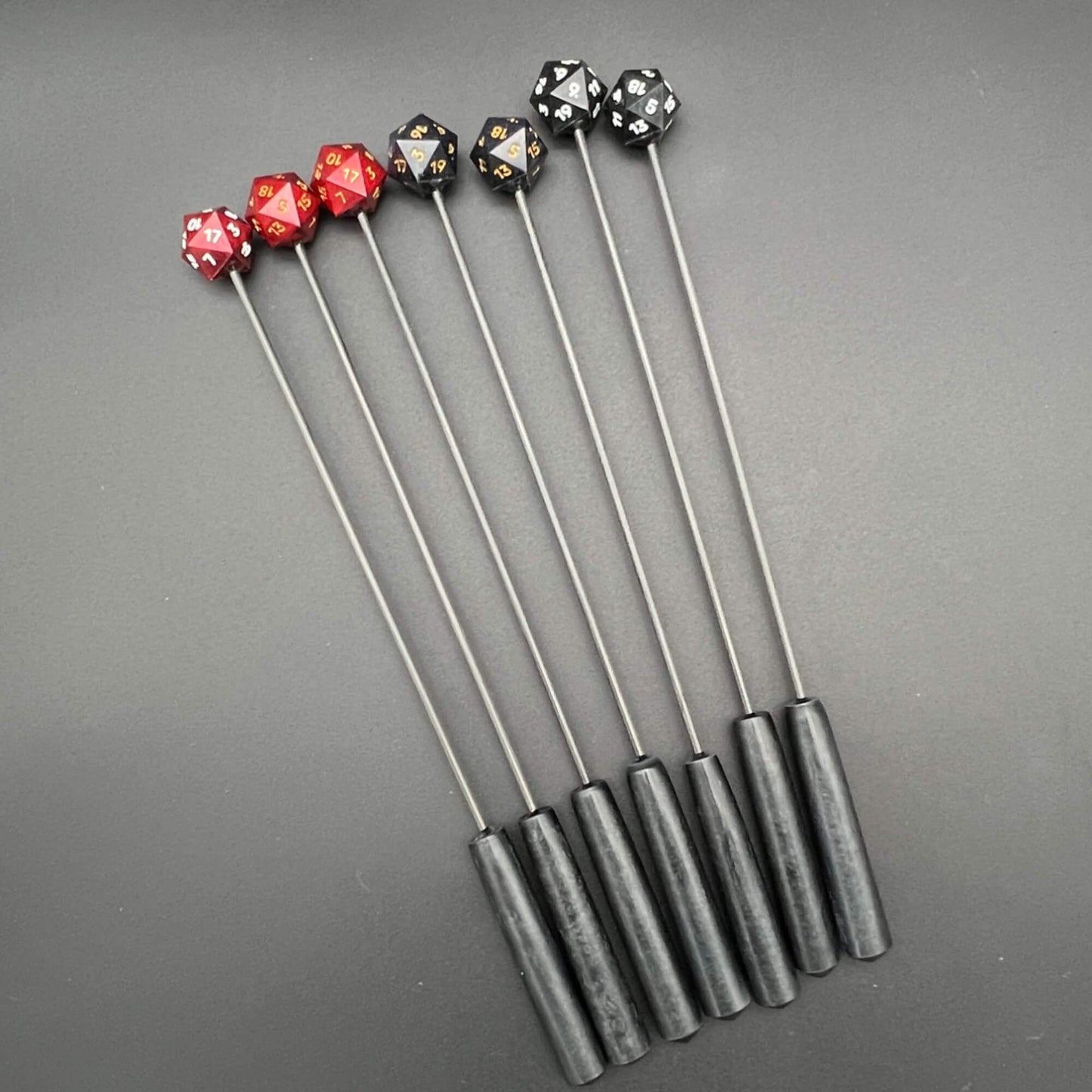 D20 Diabolical Sticks in red and black with resin handles, perfect for TTRPG enthusiasts and kinksters.