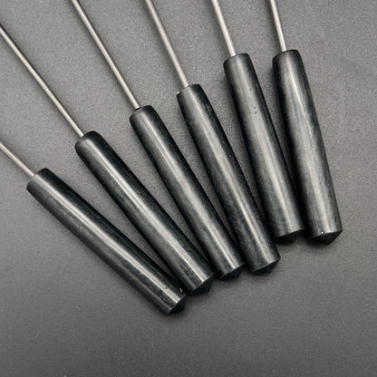 Close-up of black resin handles