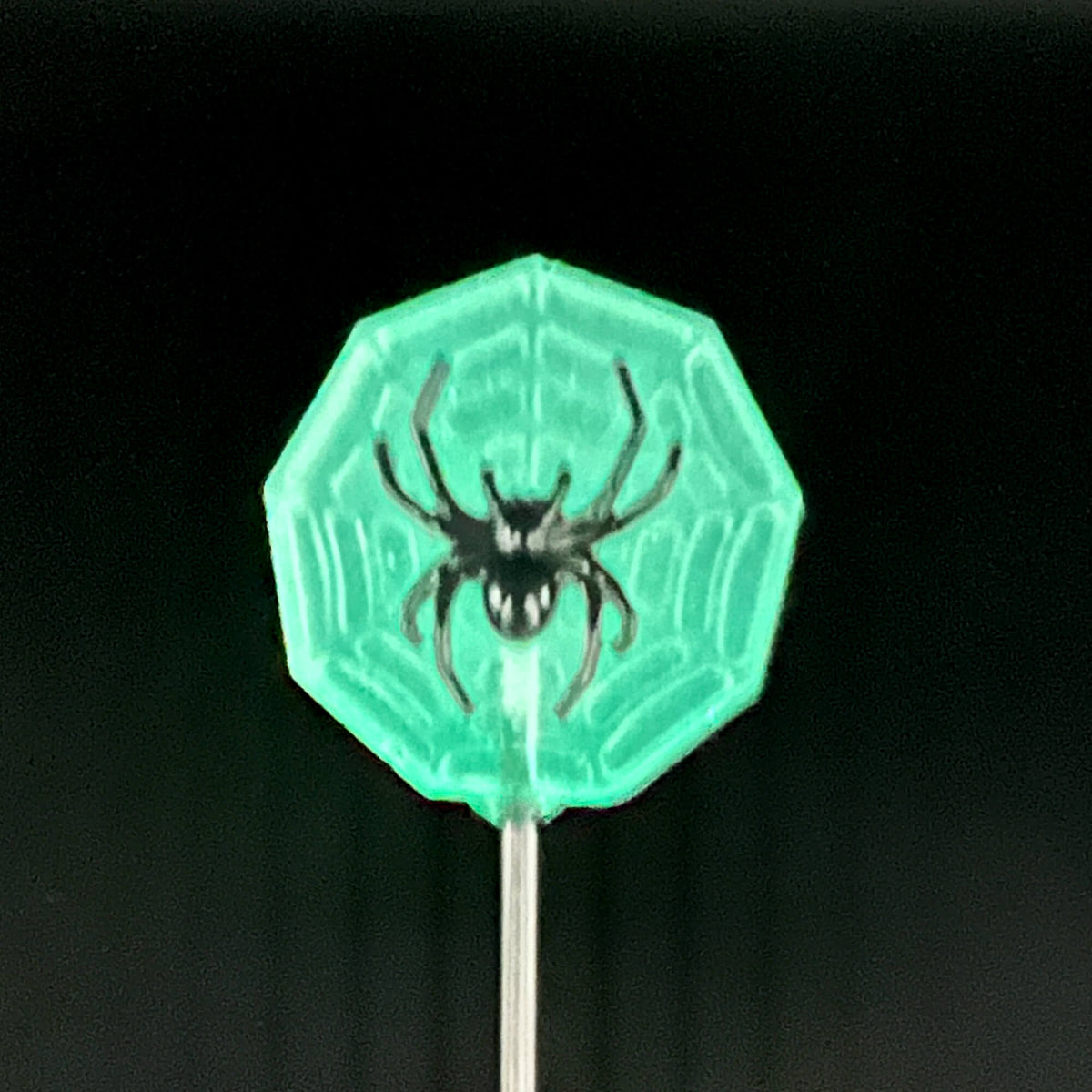 Close up of a single glow in the dark spider web with a black spider on top - in the dark, glowing green