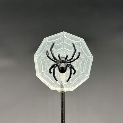 Full view of a single glow in the dark spider web with a black spider on top - in full light