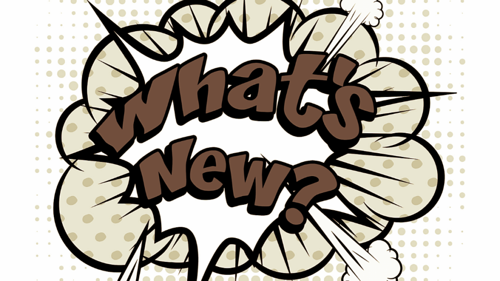 blog banner with comic bubble that says what's new in sepia tones to announce new features for the kinkery