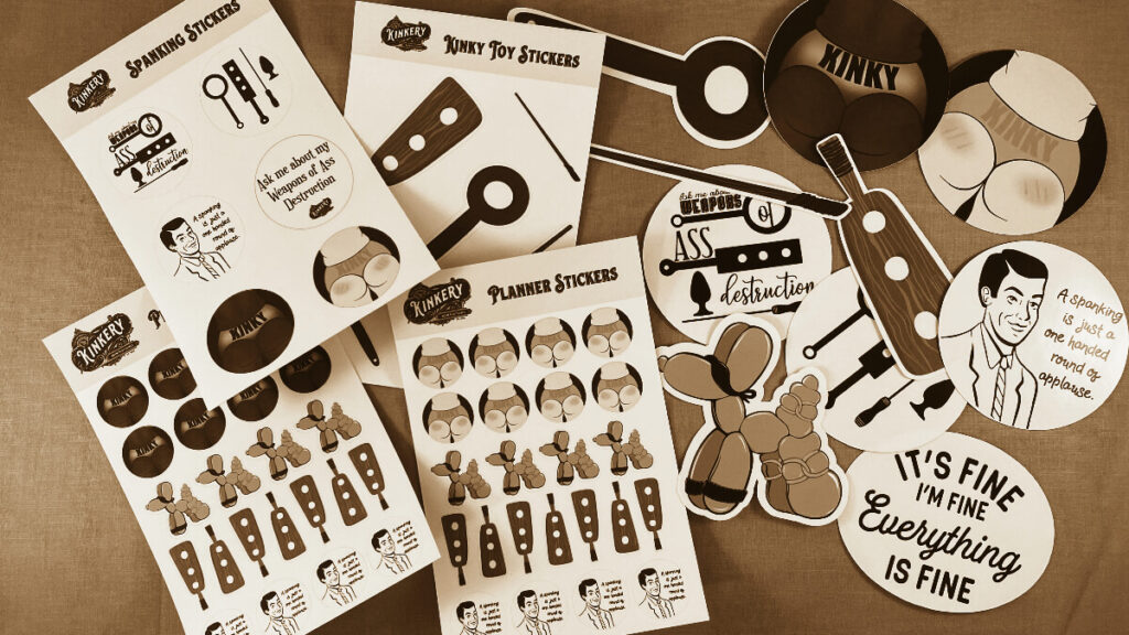 sepia toned blog banner with assortment of new kinky stickers -- sticker sheets, planner stickers, and die cut stickers