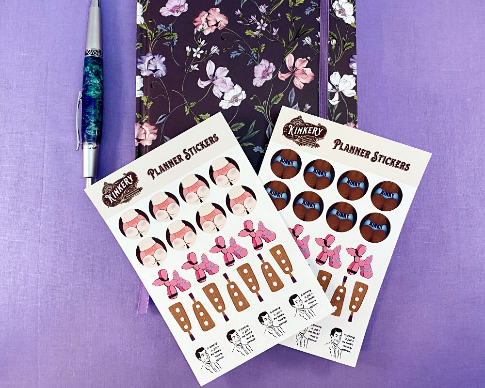 two styles of multi-pack planner stickers next to floral planner on purple background