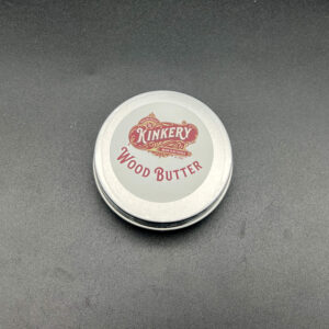 closed container of wood butter with label on the lid -- the label includes the Kinkery logo and the words "Wood Butter"