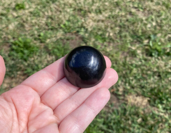 Kayla holding black resin sample in natural light over green grass