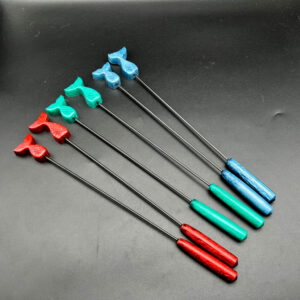 Full array of mermaid diabolical sticks with small and large mermaid tails. Left to right: two red, two teal, and two blue