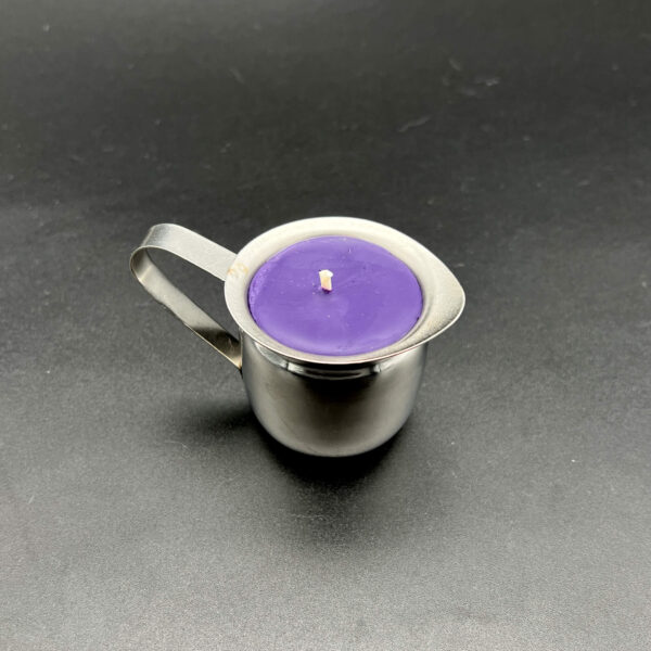 Single 3oz purple soy wax play candle in silver container with handle
