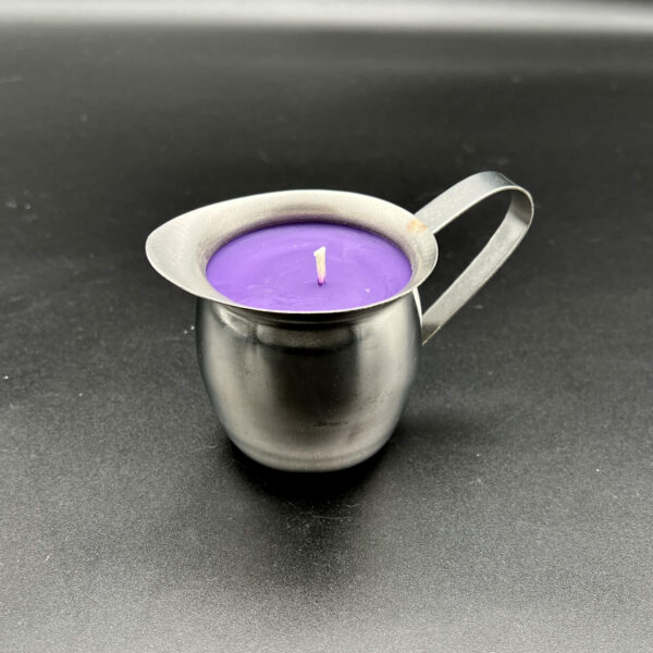 Single large (5oz) purple soy wax play candle in silver container with handle