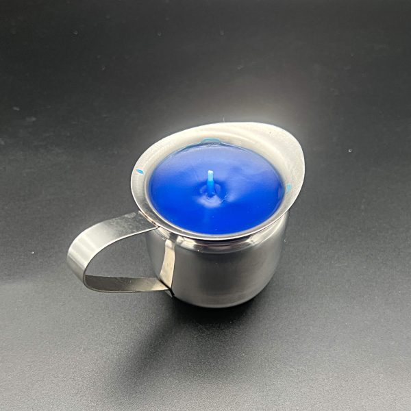 5 ounce stainless steel container with pour spout and handle filled with blue paraffin for wax play