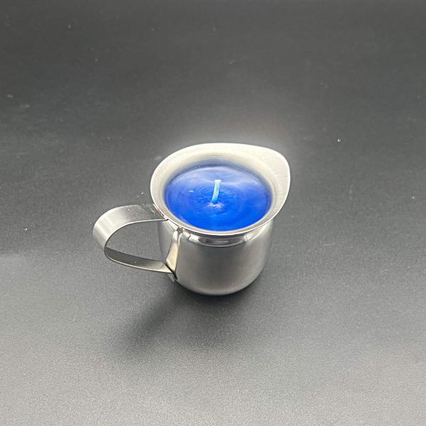 3 ounce stainless steel container with pour spout and handle filled with blue paraffin for wax play