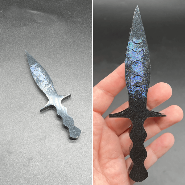 Black resin dagger with holographic dust over the moon phase design